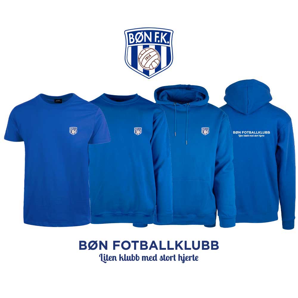 Blå t-skjorte, genser, hettegenser og hettejakke med Bøn FK-logo i front og på ryggen