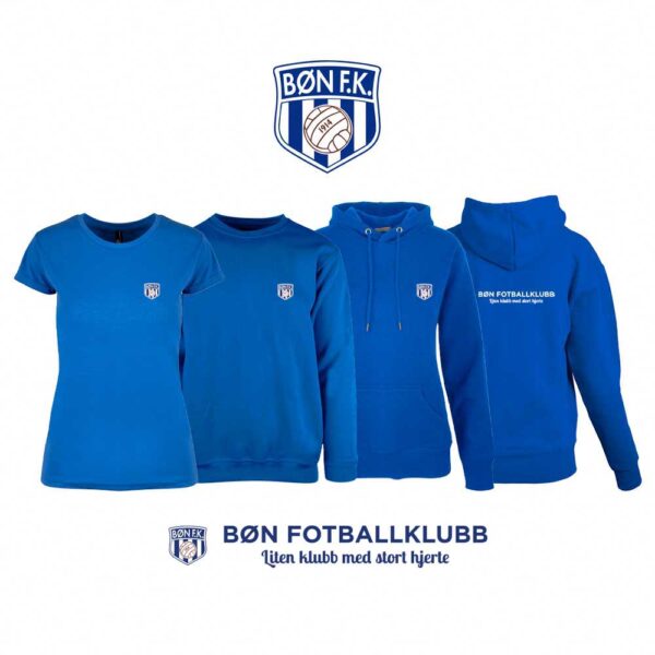 Blå t-skjorte, genser, hettegenser og hettejakke for damer, med Bøn FK-logo i front og på ryggen