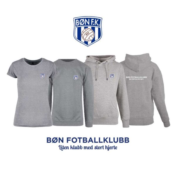 Grå t-skjorte, genser, hettegenser og hettejakke for damer, med Bøn FK-logo i front og på ryggen