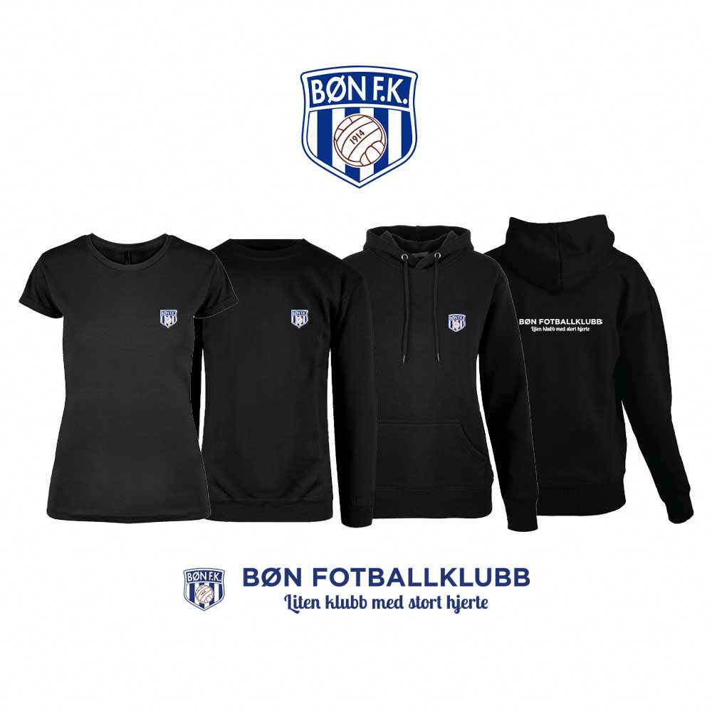 Sort t-skjorte, genser, hettegenser og hettejakke for damer, med Bøn FK-logo i front og på ryggen