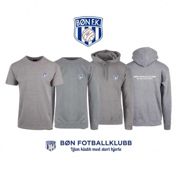 Grå t-skjorte, genser, hettegenser og hettejakke med Bøn FK-logo i front og på ryggen