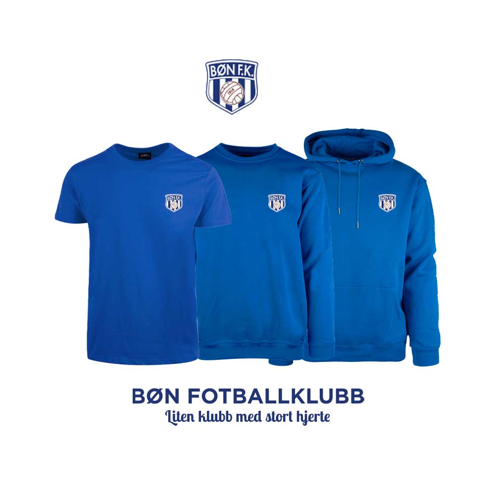 Blå t-skjorte, genser, hettegenser og hettejakke for barn, med Bøn FK-logo i front og på ryggen