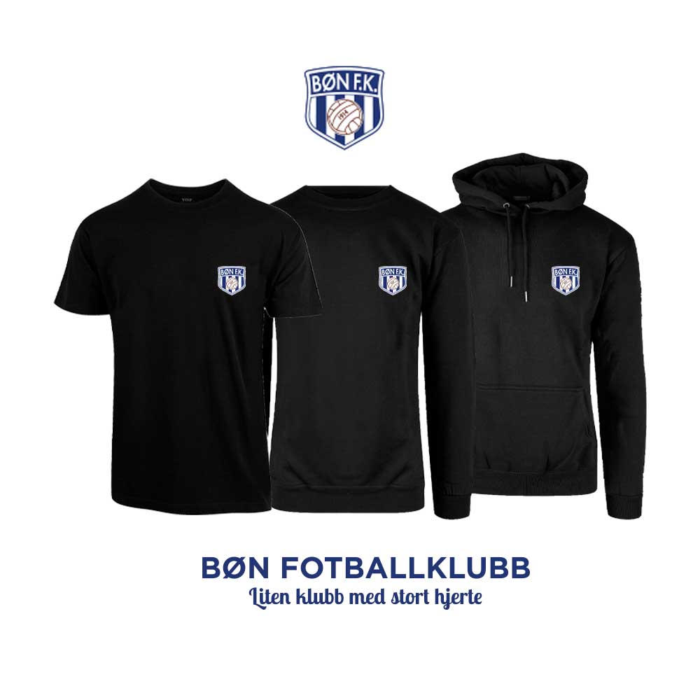 Sort t-skjorte, genser, hettegenser og hettejakke for barn, med Bøn FK-logo i front og på ryggen