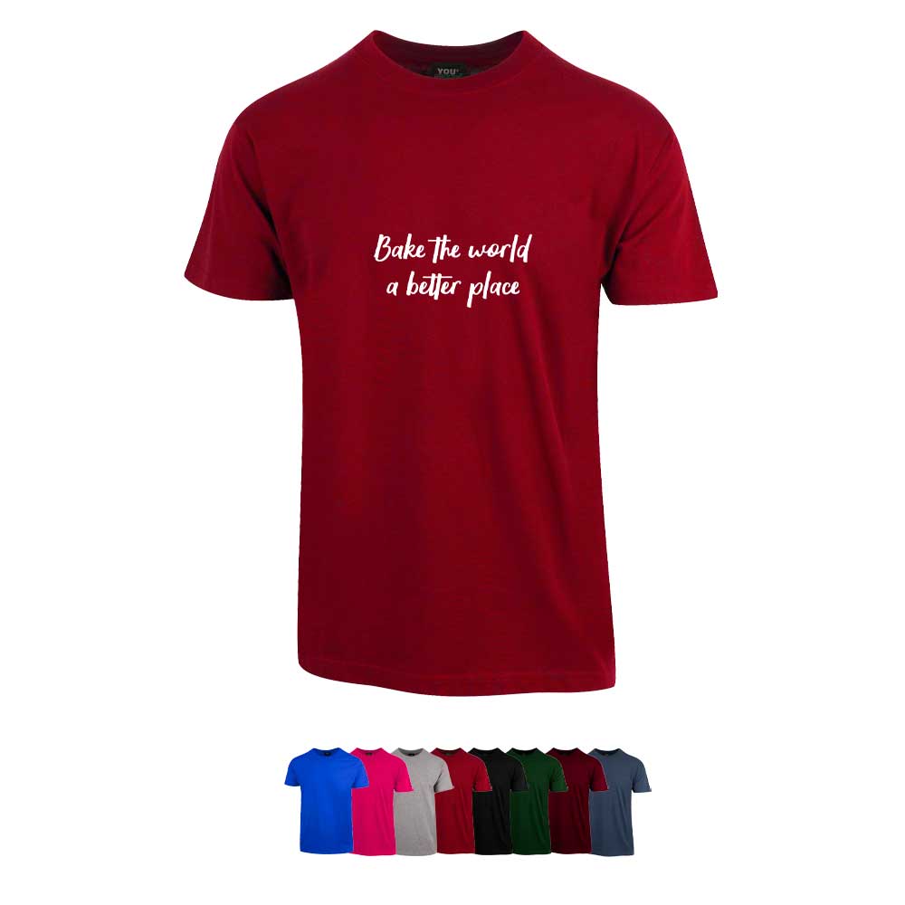Unisex t-skjorte i 8 forskjellige farger, med "Bake the world a better place" trykket på brystet