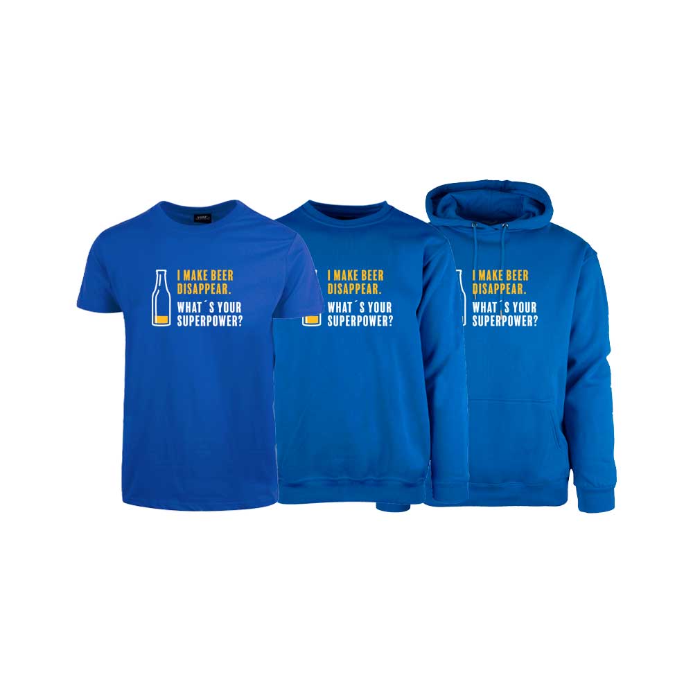 Kornblå t-skjorte , sweatshirt og hettegenser fra YouBrands med trykket "I make beer disappear. What´s your superpower?"