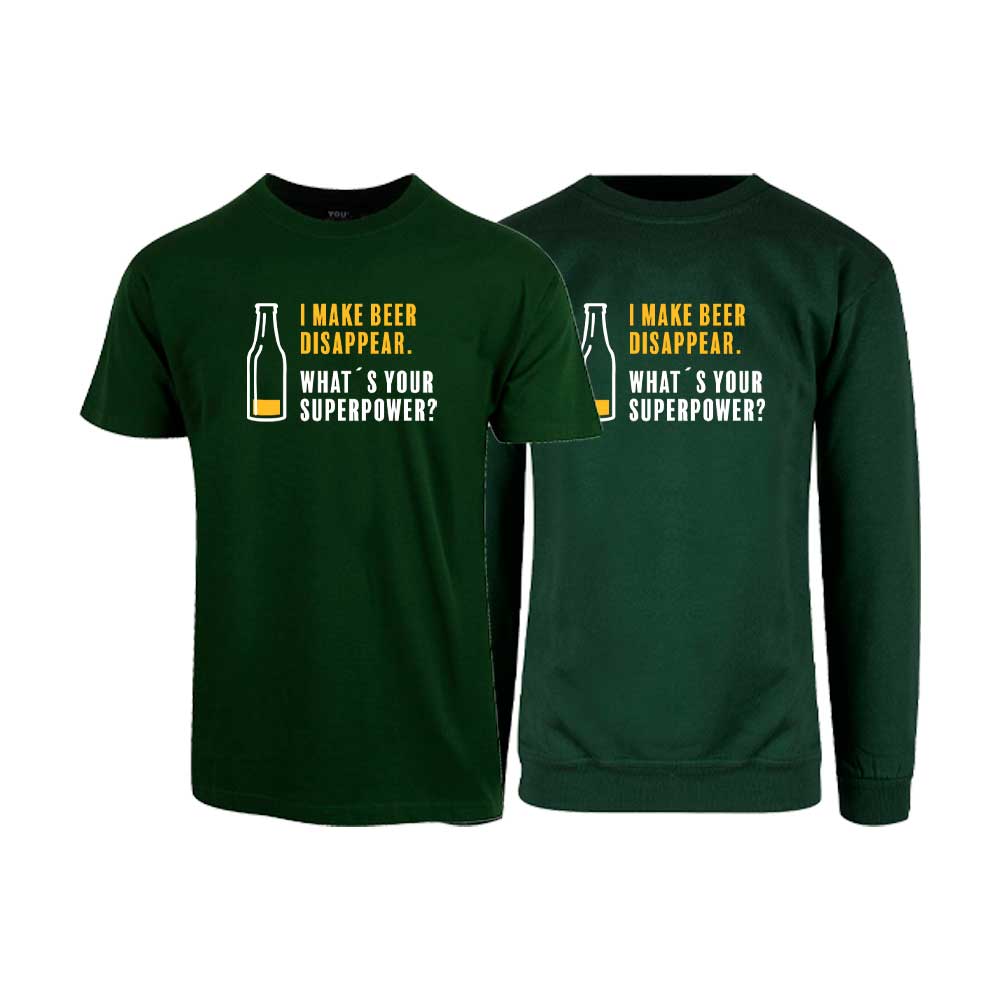 Falskegrønn t-skjorte og sweatshirt fra YouBrands med trykket "I make beer disappear. What´s your superpower?"