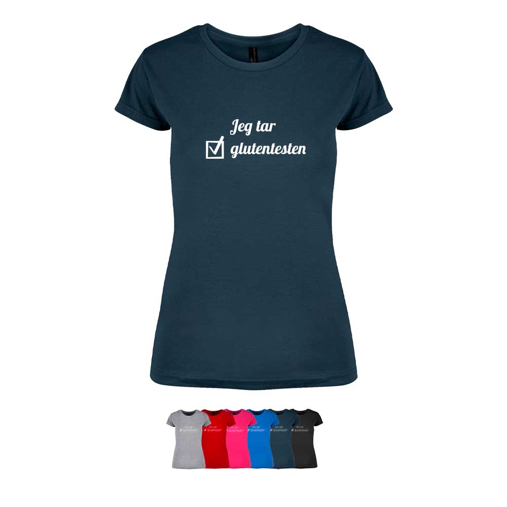 Feminin t-skjorte i 6 forskjellige farger, med "Jeg tar glutentesten" i hjerte trykket på brystet