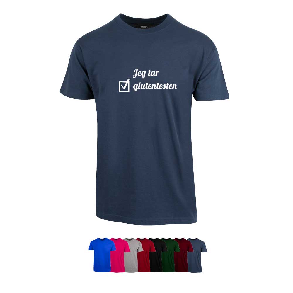 Unisex t-skjorte i 8 forskjellige farger, med "Jeg tar glutentesten" trykket på brystet