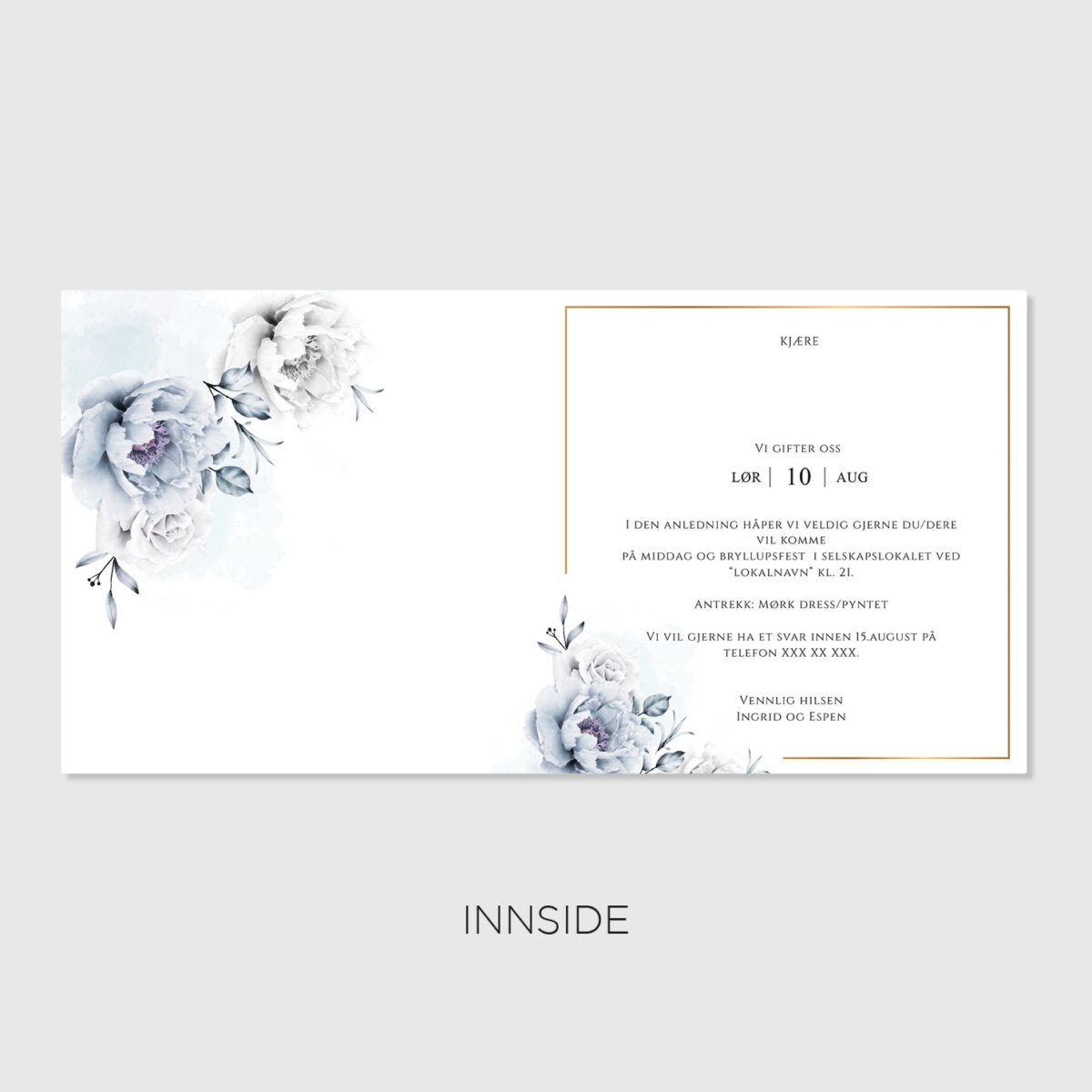 Innsiden av innbydelse til bryllup, med valgfri tekst og duse blå blomster