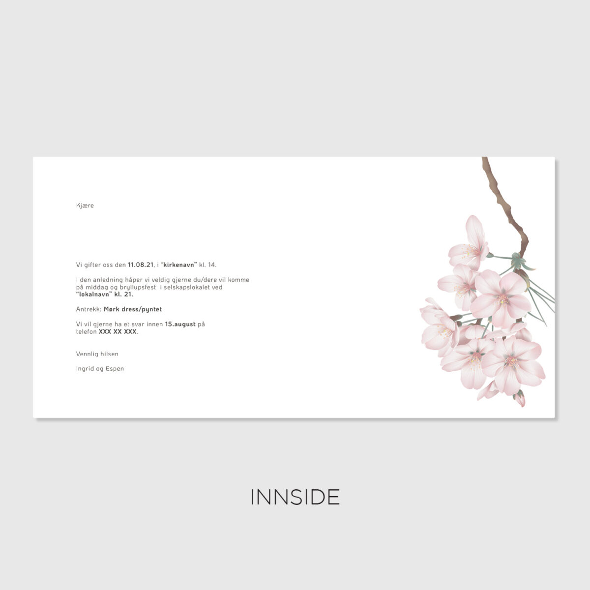 Innsiden av innbydelse til bryllup, med valgfri tekst og duse rosa blomster