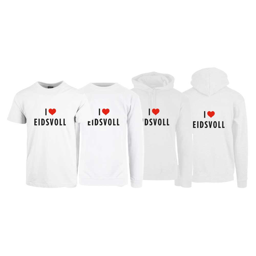 Hvit t-skjorte , sweatshirt,hettegenser og hettejakke fra YouBrands med trykket "I love Eidsvoll"