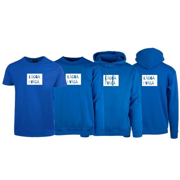 Kornblå t-skjorte, sweatshirt, hettegenser og hettejakke fra YouBrands med trykket "Låggå i Vågå"