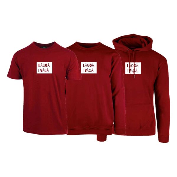 Rød t-skjorte, sweatshirt og hettegenser fra YouBrands med trykket "Låggå i Vågå"