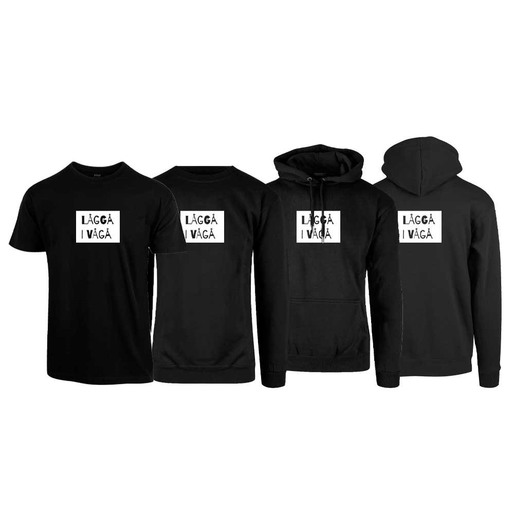 Svart t-skjorte, sweatshirt, hettegenser og hettejakke fra YouBrands med trykket "Låggå i Vågå"