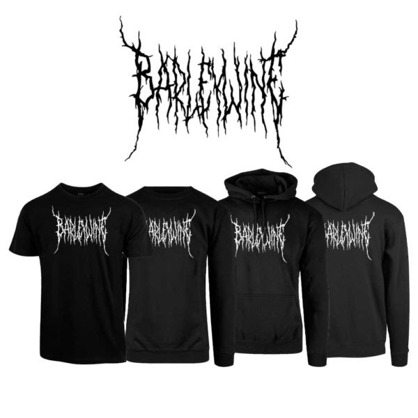 Sort t-skjorte, sweatshirt, hettegenser og hettejakke med trykket "Barleywine" skrevet i metal-font