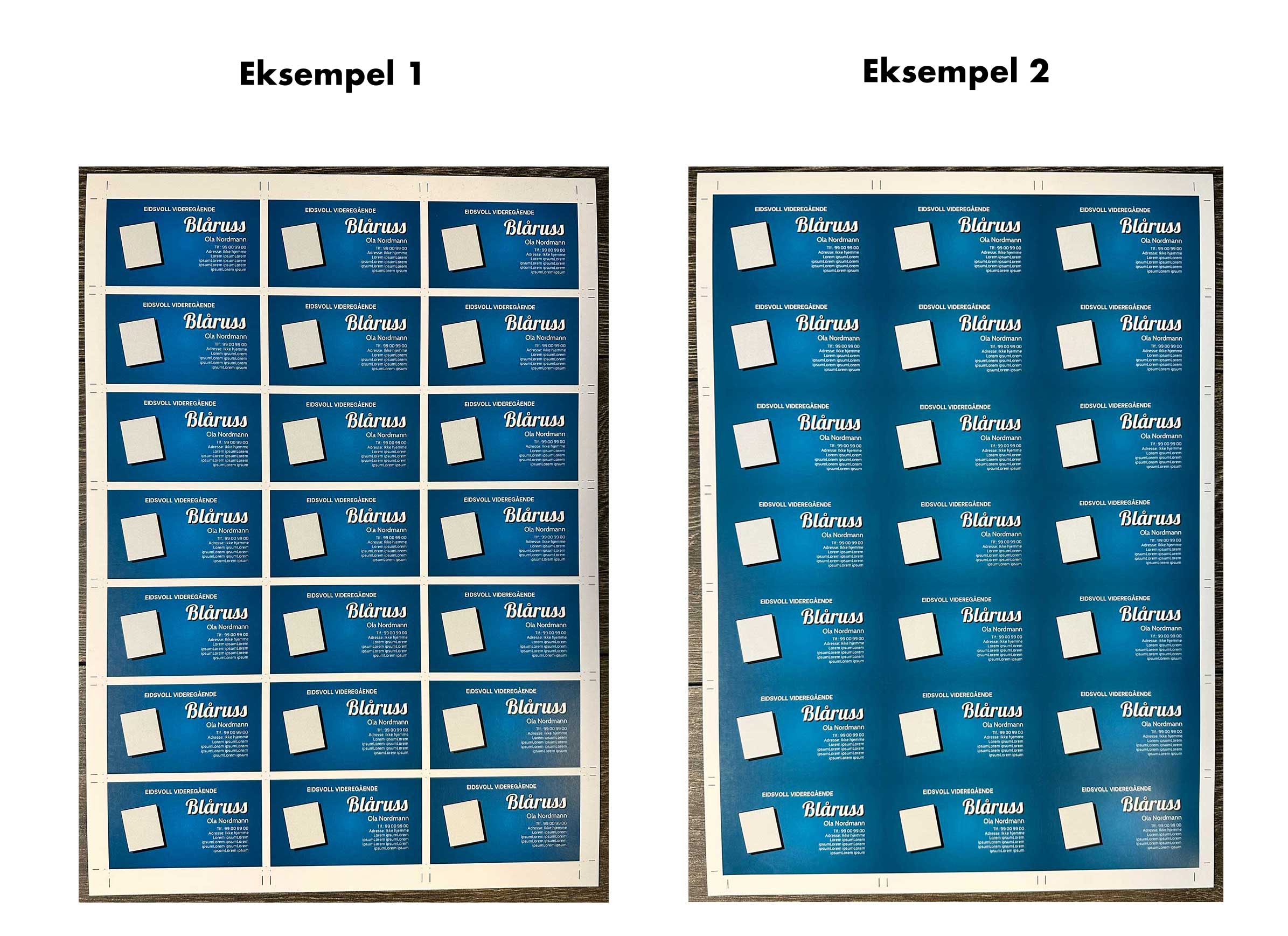 Bilde som viser russekort etter trykking og før kutting, med 21 stk kort på arket