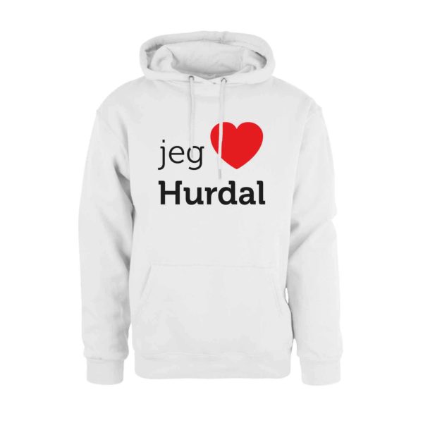 Hvit hettegenser med sort tekst og rødt hjerte: "I love Hurdal"