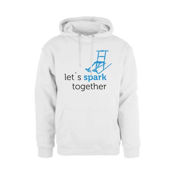 Hvit hettegenser med blått og sort trykk: "Let´s spark together" og tegning av en spark